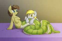 Size: 4500x3000 | Tagged: safe, artist:fluffyxai, derpy hooves, oc, oc:saria, original species, snake, confused, smiling, tail