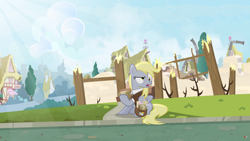 Size: 3840x2160 | Tagged: safe, artist:brutalweather studio, derpy hooves, pegasus, pony, box, clothes, derp, destroyed building, destruction, envelope, female, house, mailbag, mailmare, mailpony, mailpony uniform, mare, ponyville, ponyville's incident, tree