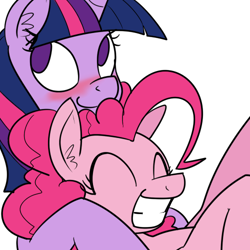 Size: 500x500 | Tagged: safe, artist:reiduran, derpibooru import, pinkie pie, twilight sparkle, earth pony, pony, blushing, cuddling, ear fluff, eyes closed, female, grin, lesbian, shipping, smiling, snuggling, twinkie