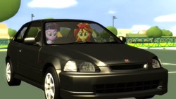 Size: 1920x1080 | Tagged: safe, artist:fivefreddy, sunset shimmer, twilight sparkle, twilight sparkle (alicorn), alicorn, equestria girls, 3d, car, cloud, driving, duo, gmod, honda, honda civic, honda civic type r, lamppost, parking lot, sky, tree