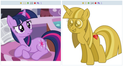 Size: 564x302 | Tagged: safe, derpibooru import, twilight sparkle, cane, derpibooru, exploitable meme, juxtaposition, juxtaposition win, meme, meta, scepter, scrunchy face, twilight scepter