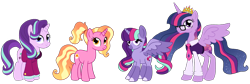 Size: 1280x430 | Tagged: safe, artist:unicorn-mutual, luster dawn, starlight glimmer, twilight sparkle, twilight sparkle (alicorn), oc, oc:nova andromeda, alicorn, pony, clothes, female, headmare starlight, lesbian, magical lesbian spawn, offspring, parent:starlight glimmer, parent:twilight sparkle, parents:twistarlight, shipping, simple background, transparent background, twistarlight