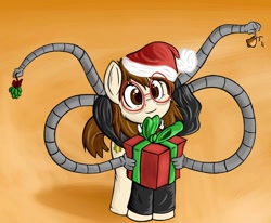 Size: 1024x842 | Tagged: safe, artist:greenfinger, derpibooru import, oc, oc only, oc:gadgette fabienne giroux, pony, fanfic:the iron horse: everything's better with robots, bell, christmas, clothes, fanfic, fanfic art, female, gift giving, glasses, hat, holly, looking at you, mare, mechanical hands, present, santa hat, simple background, solo, tentacles