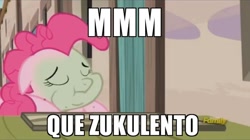 Size: 720x404 | Tagged: safe, screencap, pinkie pie, pony, the cutie map, eyes closed, female, green face, image macro, mare, meme, nauseous, oye que rico, oye que suculento, sick, spanish, text, winnie the pink