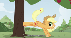 Size: 640x346 | Tagged: safe, screencap, applejack, earth pony, pony, apple, applebucking, blatant lies, food, intro, meme, myspace, opening, solo, telling lies, tree, youtube caption