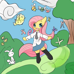 Size: 1000x1000 | Tagged: safe, artist:mabo3, angel bunny, fluttershy, anthro, parasprite, clothes, pixiv, solo