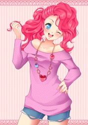 Size: 905x1280 | Tagged: safe, artist:ross-86, pinkie pie, human, clothes, colored pupils, cute, daisy dukes, diapinkes, female, hair twirl, hand on hip, humanized, looking at you, necklace, off shoulder, open mouth, ponytail, shoulderless, solo, wink