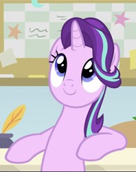 Size: 745x941 | Tagged: safe, screencap, starlight glimmer, pony, unicorn, a horse shoe-in, bipedal, cropped, cute, desk, female, glimmerbetes, inkwell, leaning, leaning back, mare, quill, smiling, solo