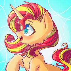 Size: 2048x2048 | Tagged: safe, artist:chaosangeldesu, sunset shimmer, pony, unicorn, back fluff, blushing, chest fluff, colored pupils, cute, female, freckles, leg fluff, mare, open mouth, profile, shimmerbetes, shoulder fluff, solo