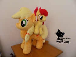 Size: 4320x3240 | Tagged: safe, artist:wolly, apple bloom, applejack, hatless, irl, missing accessory, photo, plushie