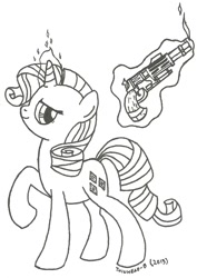 Size: 892x1261 | Tagged: safe, artist:twinhead-b, rarity, pony, unicorn, gun, handgun, lineart, monochrome, pistol, revolver, solo, steampunk, weapon