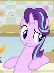 Size: 701x938 | Tagged: safe, screencap, starlight glimmer, pony, unicorn, a horse shoe-in, bipedal, bipedal leaning, cropped, desk, female, leaning, leaning back, mare, smiling, smirk, solo