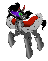 Size: 681x851 | Tagged: safe, artist:unoservix, derpibooru import, king sombra, pony, unicorn, armor, curved horn, dark magic, magic, simple background, solo, sombra eyes, transparent background