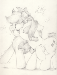 Size: 1024x1336 | Tagged: safe, artist:aquaticsun, applejack, rarity, earth pony, pony, unicorn, blushing, female, kissing, lesbian, nose wrinkle, rarijack, scrunchy face, shipping, sketch, traditional art