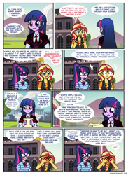 Size: 840x1146 | Tagged: safe, artist:crydius, sci-twi, sunset shimmer, twilight sparkle, twilight sparkle (alicorn), alicorn, comic:meet the princesses, equestria girls, equestria girls series, blushing, bow, bowtie, building, canterlot high, clothes, comic, confused, cutie mark, cutie mark clothes, day, determined, dialogue, dress, elements of harmony, emblem, exclamation point, fail, fear, female, frown, giving up, glasses, grass, grass field, hairpin, happy, holding, jacket, leather boots, leather jacket, leather shoes, leather vest, lesbian, lights, mortified, mountain, necktie, nervous, open mouth, outdoors, panic, ponytail, princess of friendship, principal twilight, question mark, ramp, reading, running, school, school of friendship, scitwishimmer, self paradox, self ponidox, shield, shipping, shirt, skirt, sky, smiling, speech bubble, street lamp, sunsetsparkle, sweat, sweating profusely, symbol, t-shirt, talking, teeth, text, tree, trio, twolight, wall of tags, waving, window, yelling