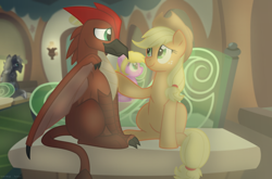 Size: 1024x675 | Tagged: safe, artist:faith-wolff, applejack, earth pony, griffon, pony, fanfic:the bridge, crossover, duo focus, fanfic, female, godzilla, godzilla (series), kaiju griffon, male, mare, rodan, sitting, train