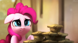 Size: 1725x965 | Tagged: safe, artist:imalou, pinkie pie, earth pony, pony, the cutie map, :s, floppy ears, frown, muffin, painting, sad, scene interpretation, solo, wavy mouth