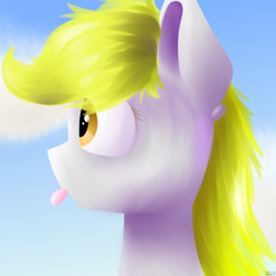 Size: 1500x1500 | Tagged: safe, artist:jellyys, derpy hooves, pegasus, pony, cute, lineless, signature, solo, tongue out