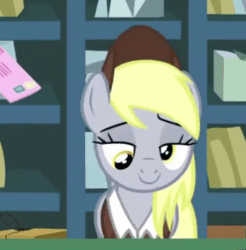 Size: 472x480 | Tagged: safe, screencap, derpy hooves, pegasus, pony, between dark and dawn, animated, cropped, cute, gif, mailmare, solo, surprised