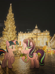 Size: 2863x3818 | Tagged: safe, artist:indonesiarailroadpht, editor:relapse11, applejack, fluttershy, starlight glimmer, twilight sparkle, twilight sparkle (alicorn), alicorn, earth pony, pegasus, pony, cathedral, christmas, christmas tree, church, holiday, italy, night, rome, tree, vatican, vatican city