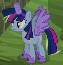 Size: 220x227 | Tagged: safe, screencap, derpy hooves, pony, scare master, alicorn costume, clothes, costume, cropped, fake horn, fake wings, nightmare night costume, solo, toilet paper roll horn, twilight muffins, wig