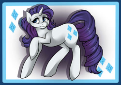 Size: 1000x700 | Tagged: safe, artist:fur-what-loo, rarity, pony, unicorn, female, horn, mare, purple mane, raised hoof, solo, white coat