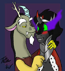 Size: 732x803 | Tagged: safe, artist:tateshaw, derpibooru import, discord, king sombra, pony, unicorn, blushing, gay, male, shipping, sombracord