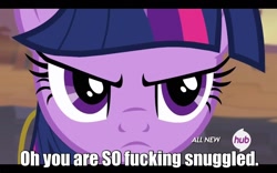 Size: 1280x800 | Tagged: safe, derpibooru import, twilight sparkle, angry, bronybait, frown, glare, hub logo, hug, image macro, imma snuggle you, snuggling, solo, vulgar