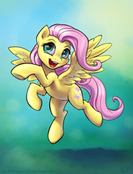 Size: 975x1275 | Tagged: safe, artist:kp-shadowsquirrel, part of a set, fluttershy, pegasus, pony, belly button, cute, female, flying, happy, looking at you, mare, open mouth, raised hoof, shyabetes, smiling, solo, underhoof