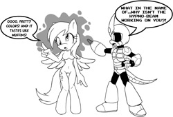 Size: 1081x737 | Tagged: safe, artist:tinker-tock, derpy hooves, oc, oc:chaoscroc, anthro, pegasus, unguligrade anthro, barbie doll anatomy, breasts, confused, derp, dialogue, featureless breasts, monochrome