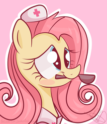 Size: 4779x5555 | Tagged: safe, artist:balloons504, fluttershy, pegasus, pony, absurd resolution, blushing, bust, cute, female, mare, mouth hold, nurse, nurse outfit, pink background, portrait, simple background, smiling, solo, spoon