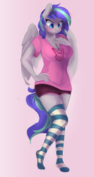 Size: 1364x2569 | Tagged: safe, artist:tangomangoes, oc, oc only, oc:storm feather, anthro, pegasus, plantigrade anthro, anthro oc, clothes, female, mare, rule 63, shirt, shorts, socks, solo, stockings, striped socks, thigh highs