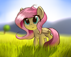 Size: 600x480 | Tagged: safe, artist:greenfireartist, fluttershy, pegasus, pony, cute, female, filly, grass, looking up, shyabetes, smiling, solo