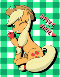 Size: 630x800 | Tagged: safe, artist:kirigamine, applejack, earth pony, pony, apple, pixiv, smiling, solo, wink