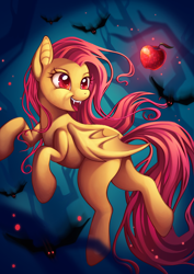 Size: 1024x1448 | Tagged: safe, artist:sprucie, fluttershy, bat, bat pony, apple, fangs, female, flutterbat, mare, solo