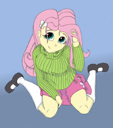 Size: 1000x1124 | Tagged: safe, artist:bigmacintosh2000, fluttershy, equestria girls, clothes, cute, looking up, shoes, sitting, skirt, socks, sweater, sweatershy, turtleneck