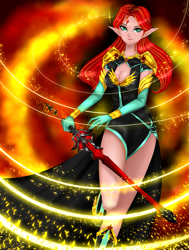 Size: 2129x2818 | Tagged: safe, artist:mdeltar, sunset shimmer, human, breasts, cleavage, clothes, female, gloves, humanized, looking at you, sword, weapon