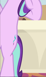 Size: 566x940 | Tagged: safe, screencap, starlight glimmer, pony, unicorn, a horse shoe-in, bipedal, bipedal leaning, cropped, desk, female, leaning, leaning back, mare, solo