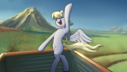 Size: 960x540 | Tagged: safe, artist:gliconcraft, derpy hooves, pony, armpits, bipedal, colored, day, happy, laughing, smiling, solo, standing, truck, vehicle