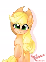 Size: 1536x2048 | Tagged: safe, artist:altohearts, applejack, earth pony, pony, blushing, looking at you, raised hoof, simple background, solo