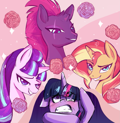 Size: 1029x1051 | Tagged: safe, artist:patty-plmh, starlight glimmer, sunset shimmer, tempest shadow, twilight sparkle, pony, unicorn, equestria girls, blushing, broken horn, counterparts, eye scar, female, harem, horn, lesbian, love triangle, mare, s5 starlight, scar, shipping, smiling, sunsetsparkle, tempestlight, twilight sparkle gets all the mares, twilight's counterparts, twistarlight