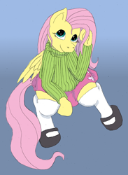 Size: 1000x1366 | Tagged: safe, artist:bigmacintosh2000, fluttershy, pegasus, pony, clothes, cute, looking up, shoes, sitting, skirt, socks, sweater, sweatershy, turtleneck