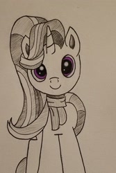 Size: 1434x2149 | Tagged: safe, artist:polar_storm, starlight glimmer, pony, unicorn, clothes, female, hearth's warming, mare, monochrome, neo noir, partial color, purple eyes, scarf, simple background, sketch, smiling, solo, traditional art, white background