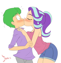 Size: 6990x7226 | Tagged: safe, artist:jeglegator, spike, starlight glimmer, human, blushing, eyes closed, female, humanized, kissing, male, shipping, simple background, sparlight, straight, surprise kiss, white background