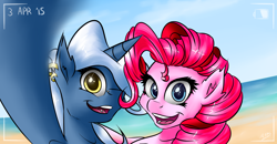 Size: 1280x668 | Tagged: safe, artist:drizziedoodles, pinkie pie, pokey pierce, earth pony, pony, beach, female, male, piercing, pokeypie, selfie, shipping, straight