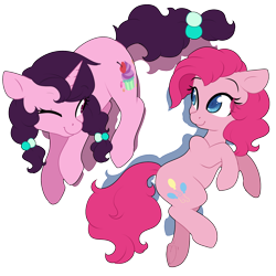 Size: 1280x1280 | Tagged: safe, artist:rue-willings, pinkie pie, sugar belle, earth pony, pony, unicorn, the cutie map, colored pupils, cute, diapinkes, eye clipping through hair, female, floppy ears, looking at each other, mare, one eye closed, simple background, smiling, sugarbetes, transparent background, underhoof, wink