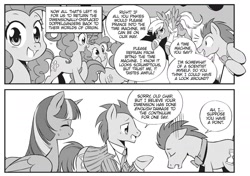 Size: 1985x1395 | Tagged: safe, seven seas, derpy hooves, doctor whooves, pinkie pie, twilight sparkle, twilight sparkle (alicorn), alicorn, earth pony, pegasus, pony, my little pony: the manga, my little pony: the manga volume 1, spoiler:manga, spoiler:manga1, butt, clothes, comic, female, male, mare, monochrome, multeity, plot, stallion, too much pink energy is dangerous