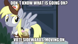 Size: 888x500 | Tagged: safe, edit, edited screencap, screencap, derpy hooves, pegasus, pony, the last crusade, caption, female, image macro, mailmare, mare, solo, text