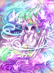 Size: 1500x2000 | Tagged: safe, artist:karmamoonshadow, princess celestia, alicorn, butterfly, pony, cewestia, color porn, cute, cutelestia, filly, magic, solo, spread wings, starry eyes, tongue out, wingding eyes