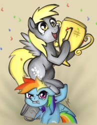 Size: 900x1158 | Tagged: safe, artist:zetamad, derpy hooves, rainbow dash, pegasus, pony, duo, female, mare, trophy